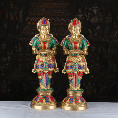 Brass Deeplakshmi Pair Statue Stone Work For Pooja Room Home Decor Showpiece 2 Feet