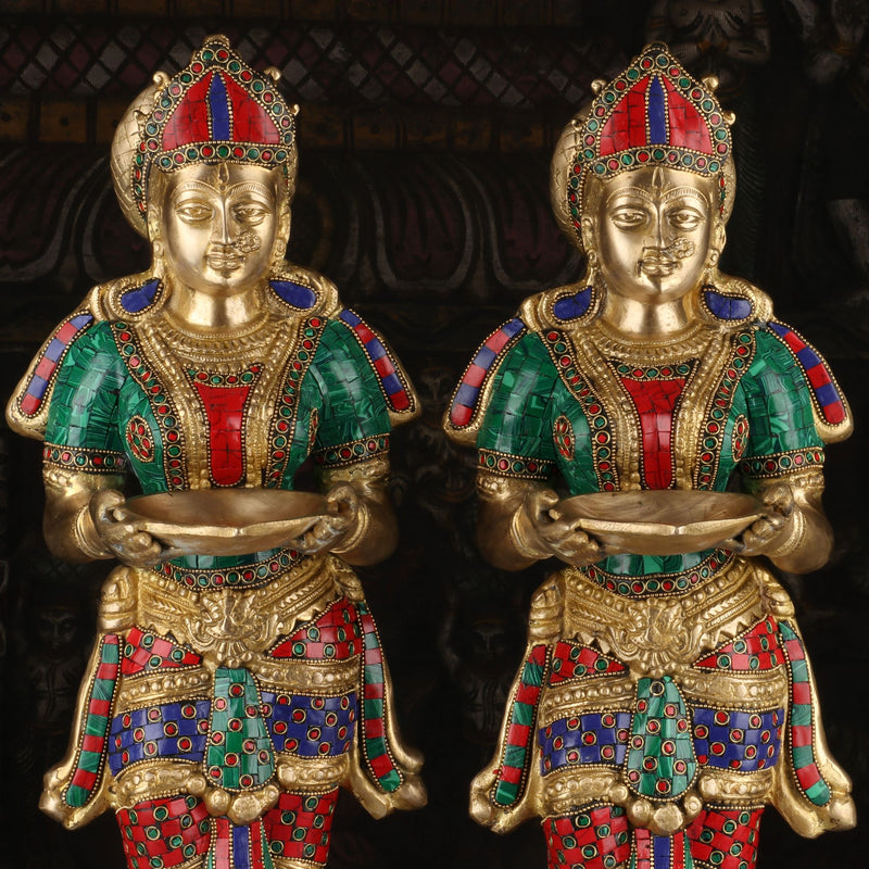 Brass Deeplakshmi Pair Statue Stone Work For Pooja Room Home Decor Showpiece 2 Feet