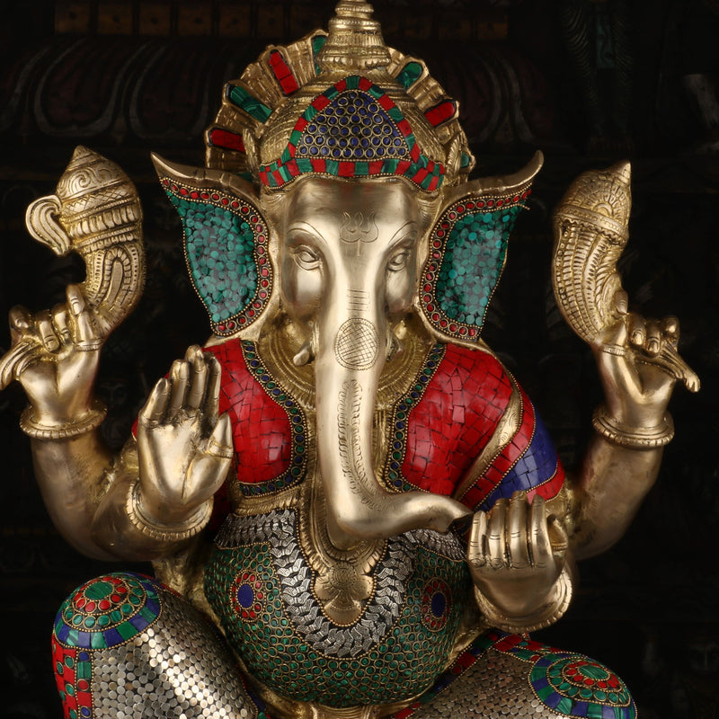 Brass Lord Ganesha Idol Stone Work Sculpture For Home Decor 2 Feet