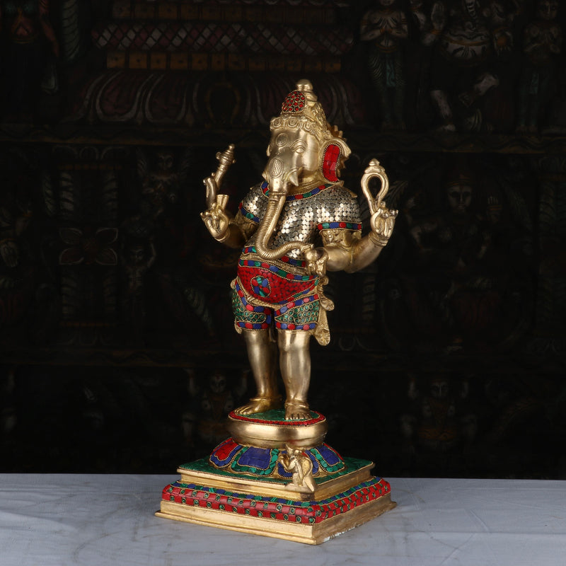 Brass Standing Ganesha Idol Stone Work For Home Decor 1.5 Feet