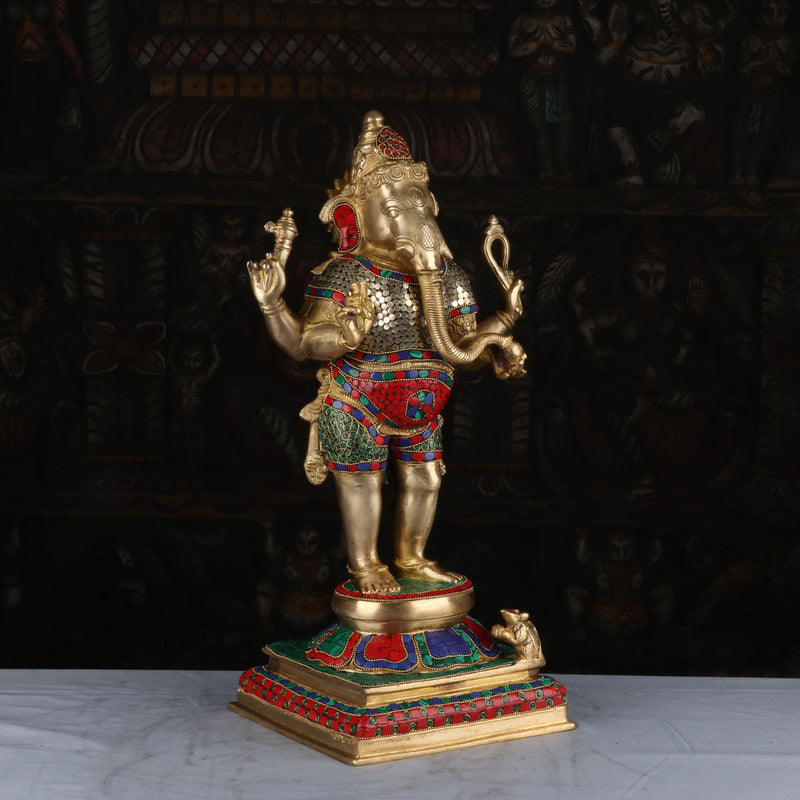 Brass Standing Ganesha Idol Stone Work For Home Decor 1.5 Feet