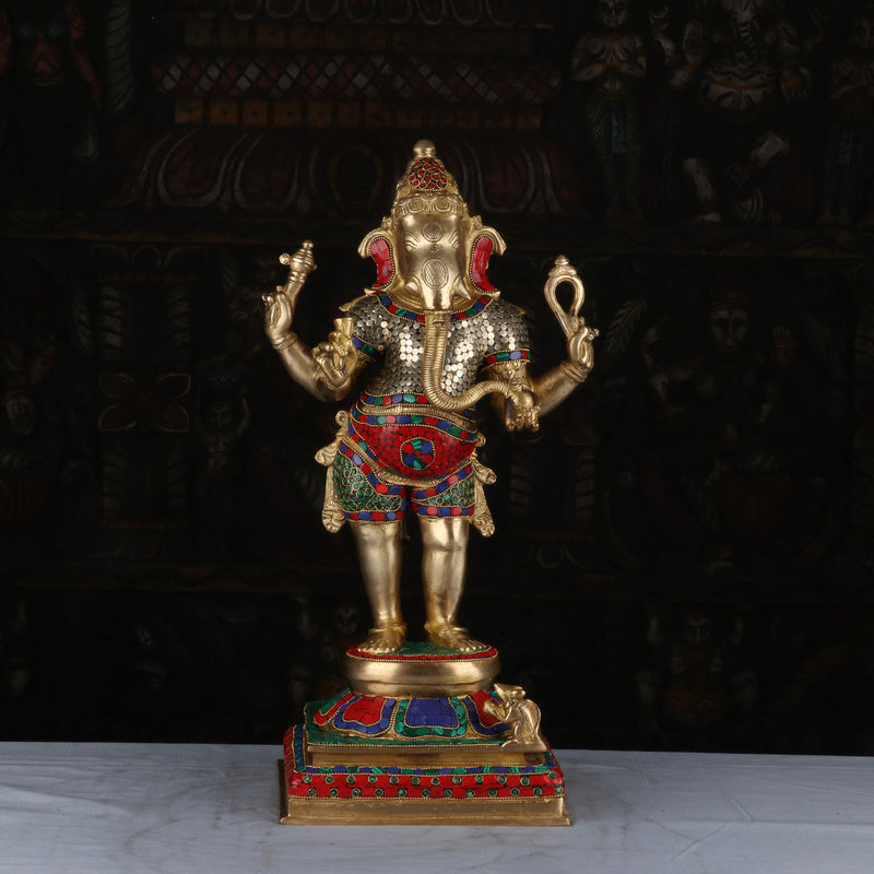 Brass Standing Ganesha Idol Stone Work For Home Decor 1.5 Feet