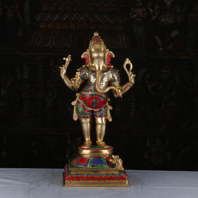 Brass Standing Ganesha Idol Stone Work Sculpture For Home Decor 1.5 Feet - 463038