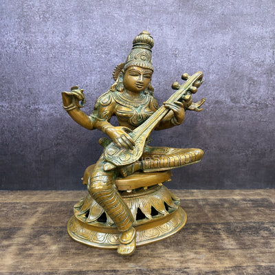 Brass Saraswati Statue Idol Copper Patina Finish For Home Decor 1 Feet