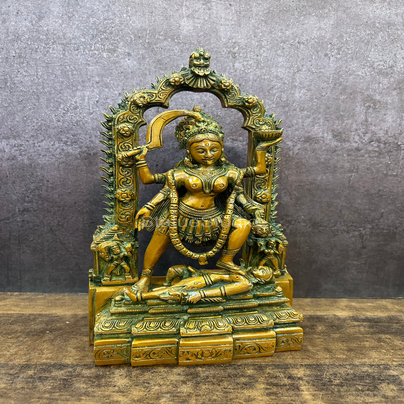 Brass Maa Kali Statue With Temple Arch Copper Patina Finish For Home Decor 11"