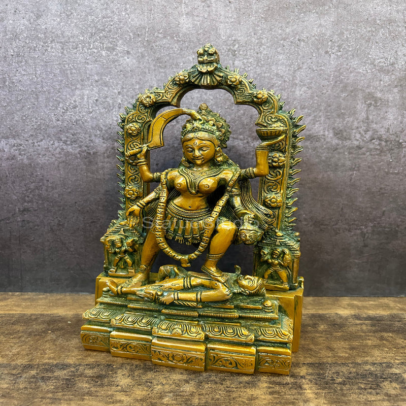 Brass Maa Kali Statue With Temple Arch Copper Patina Finish For Home Decor 11"