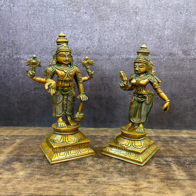 Brass Vishnu Lakshmi Idol Copper Patina Finish For Home Decor 9"