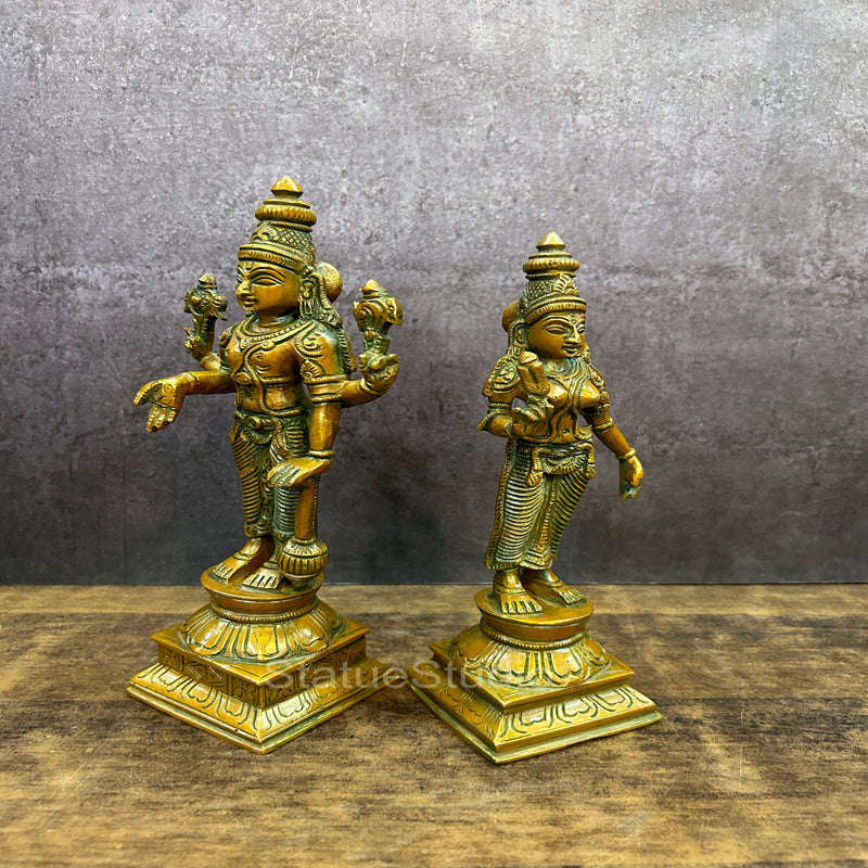 Brass Vishnu Lakshmi Idol Copper Patina Finish For Home Decor 9"