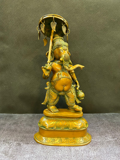 Brass Standing Ganesha Statue With Umbrella Copper Patina Finish For Home Decor 15" - 463053