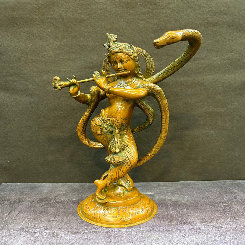 Brass Krishna Idol with Kaliya Naag in Copper Patina Finish 15" by StatueStudio