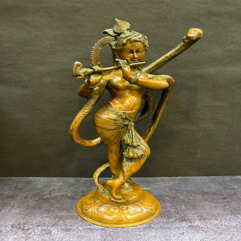 Brass Krishna Idol with Kaliya Naag in Copper Patina Finish 15" by StatueStudio