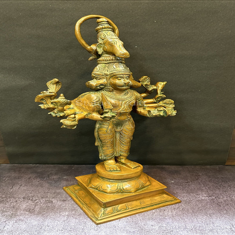 Brass Large Lord Panchmukhi Hanuman Statue Copper Patina Finish For Home Decor 2 Feet