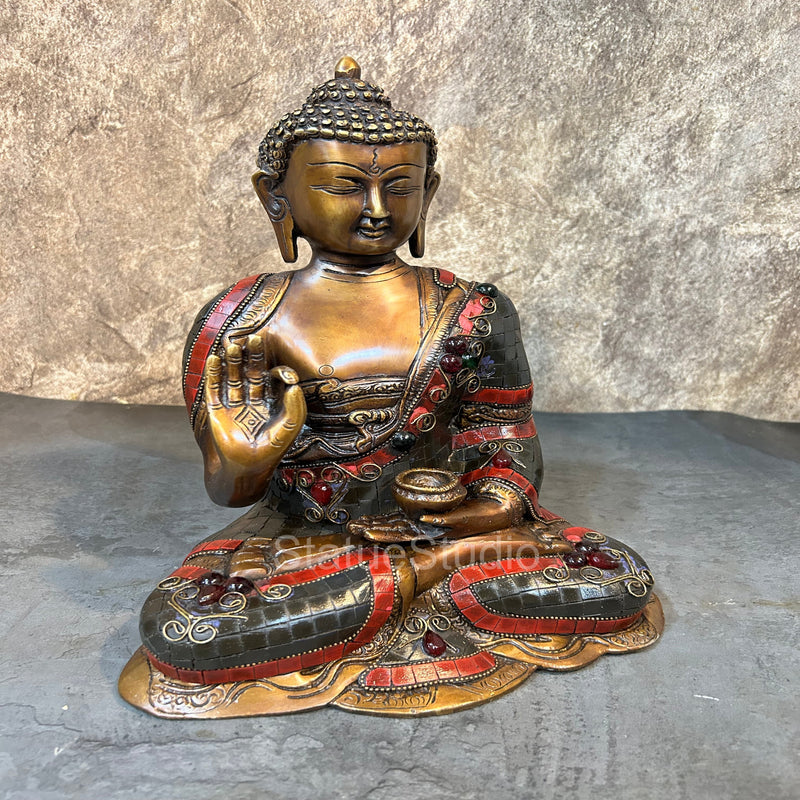 Brass Blessing Buddha Statue Antique Stone Work For Home Decor 12"