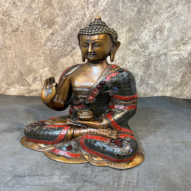 Brass Blessing Buddha Statue Antique Stone Work For Home Decor 12"