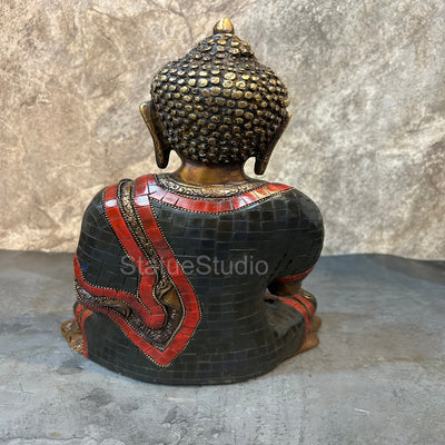 Brass Blessing Buddha Statue Antique Stone Work For Home Decor 12"