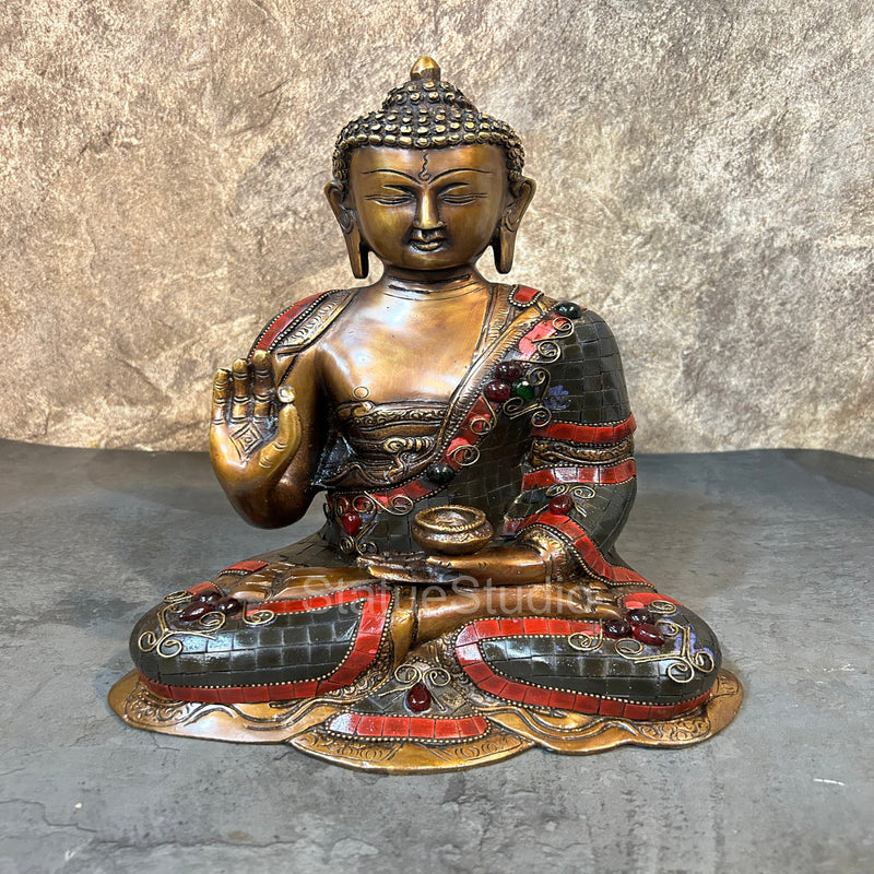 Brass Blessing Buddha Statue Antique Stone Work For Home Decor 12"