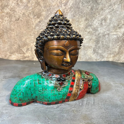 Brass Buddha Bust With Antique Stone Work For Home Decor 10"