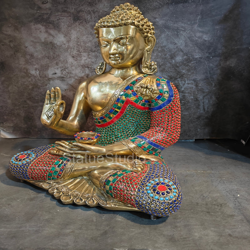 Brass Blessing Buddha Idol Stone Work For Home Decor 19"