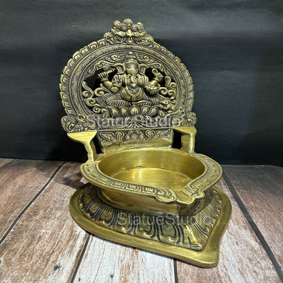 Brass Large Ganesha Diya For Home Temple Religious Decor Showpiece 16"