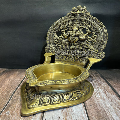 Brass Large Ganesha Diya For Home Temple Religious Decor Showpiece 16"