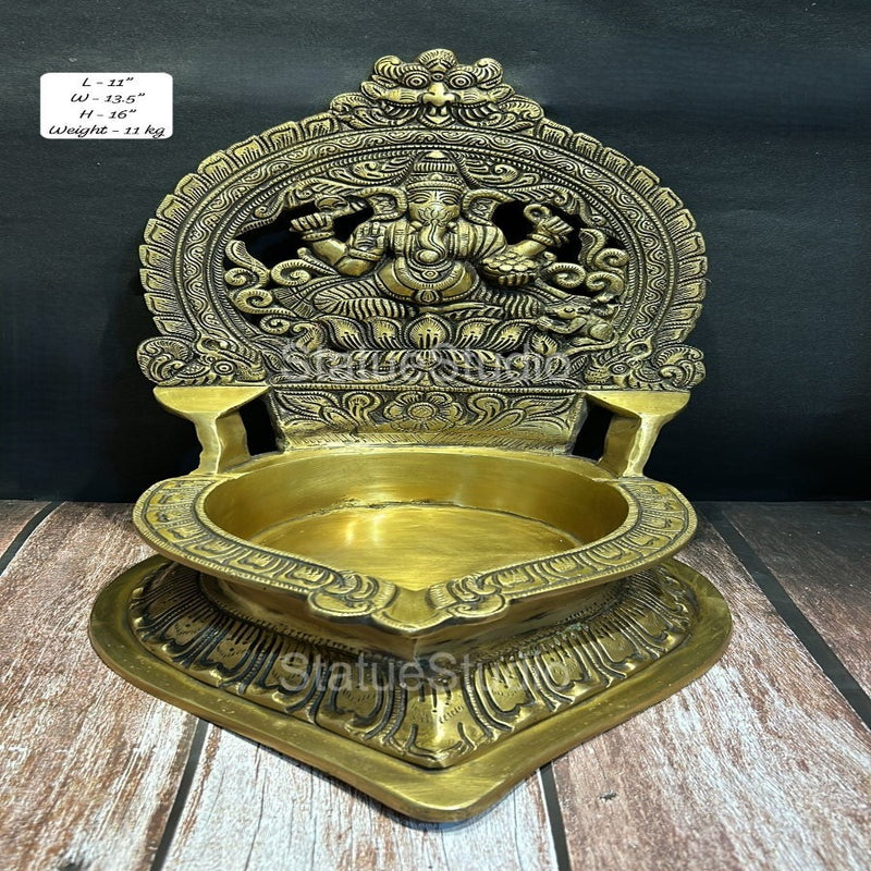 Brass Large Ganesha Diya For Home Temple Religious Decor Showpiece 16"