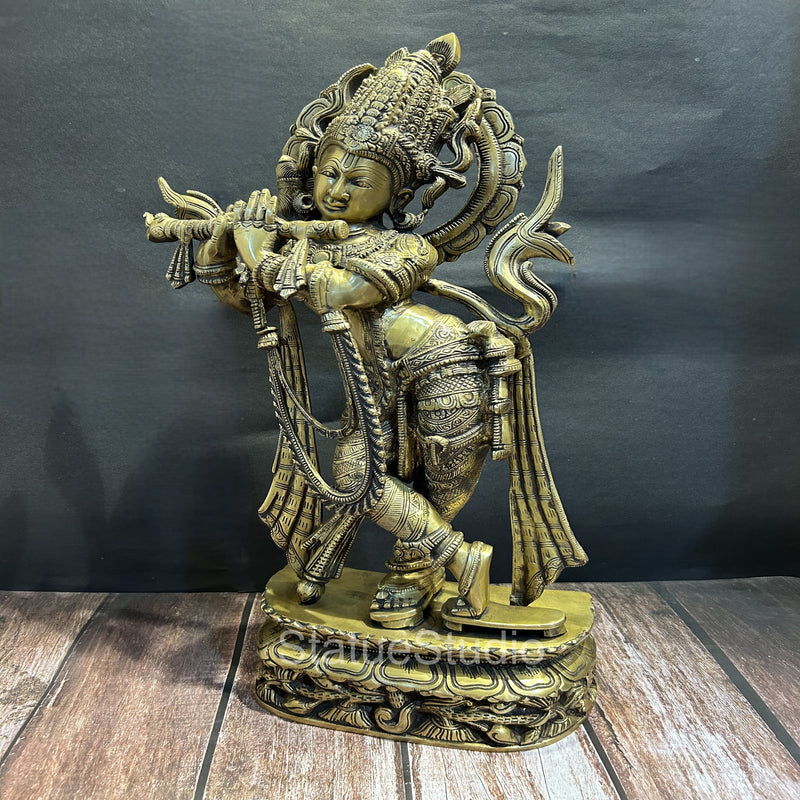 Brass Large Krishna Idol Antique Finish for Home Office Decor 2 Feet