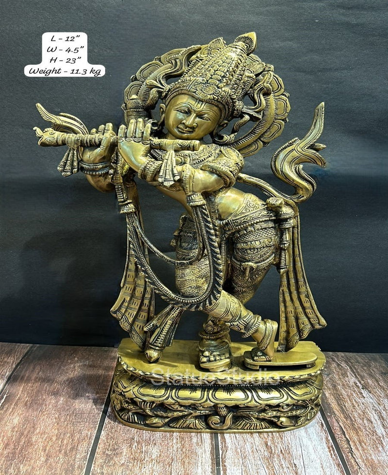 Brass Large Krishna Idol Antique Finish for Home Office Decor 2 Feet