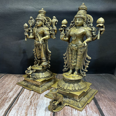 Brass Vishnu Lakshmi Idol Antique Finish For Home Temple Decor 14"