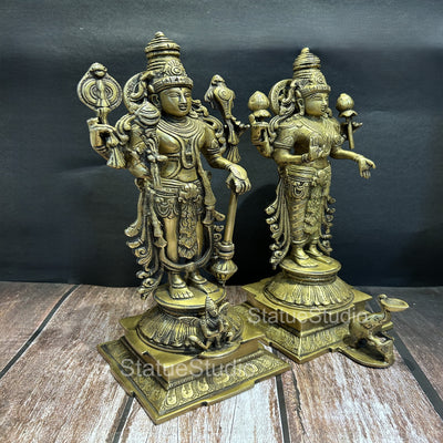 Brass Vishnu Lakshmi Idol Antique Finish For Home Temple Decor 14"