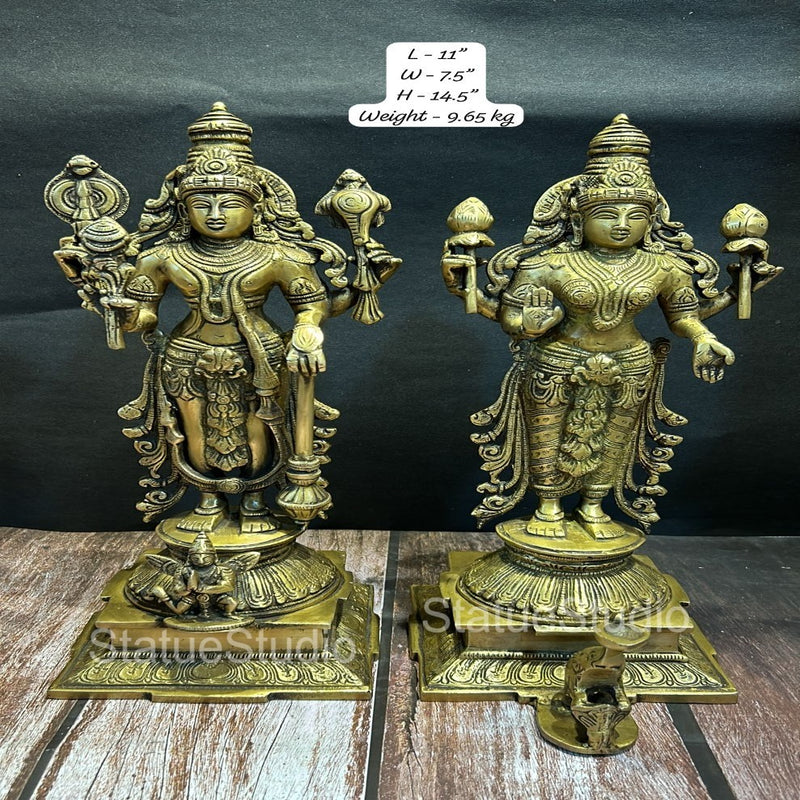 Brass Vishnu Lakshmi Idol Antique Finish For Home Temple Decor 14"