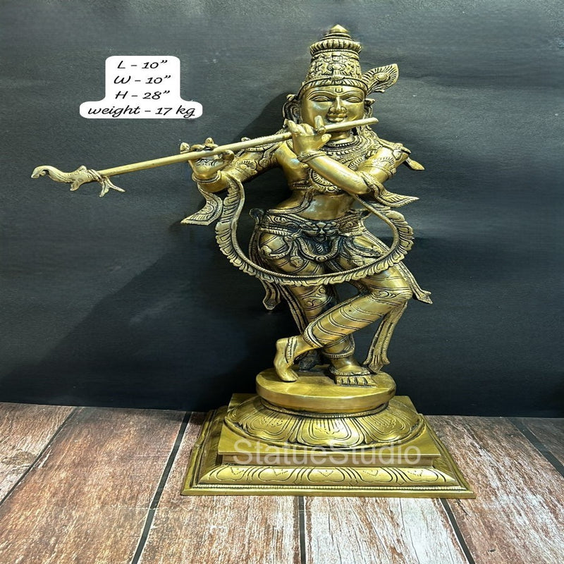 Brass Large Krishna Statue Antique Finish for Home Temple Decor 28"