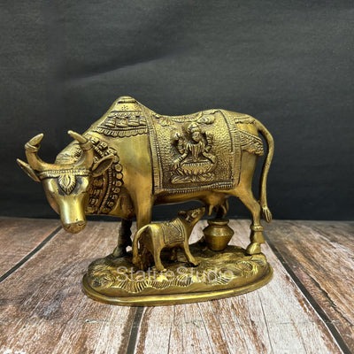 Brass Cow With Calf Idol Lakshmi Ganesha Engraved For Home Decor Showpiece 7"