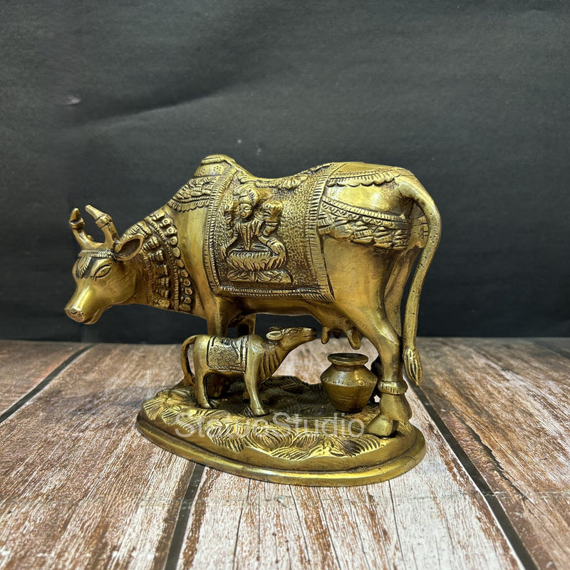 Brass Cow With Calf Idol Lakshmi Ganesha Engraved For Home Decor Showpiece 7"