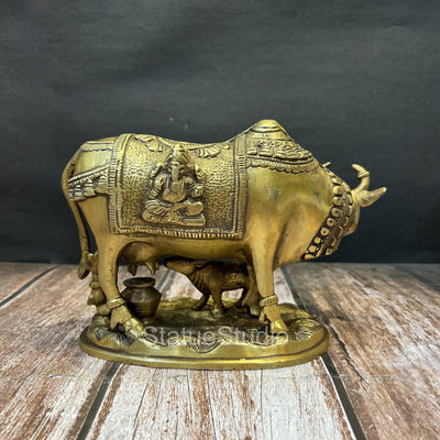 Brass Cow With Calf Idol Lakshmi Ganesha Engraved For Home Decor Showpiece 7"