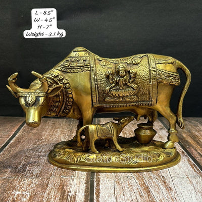 Brass Cow With Calf Idol Lakshmi Ganesha Engraved For Home Decor Showpiece 7"