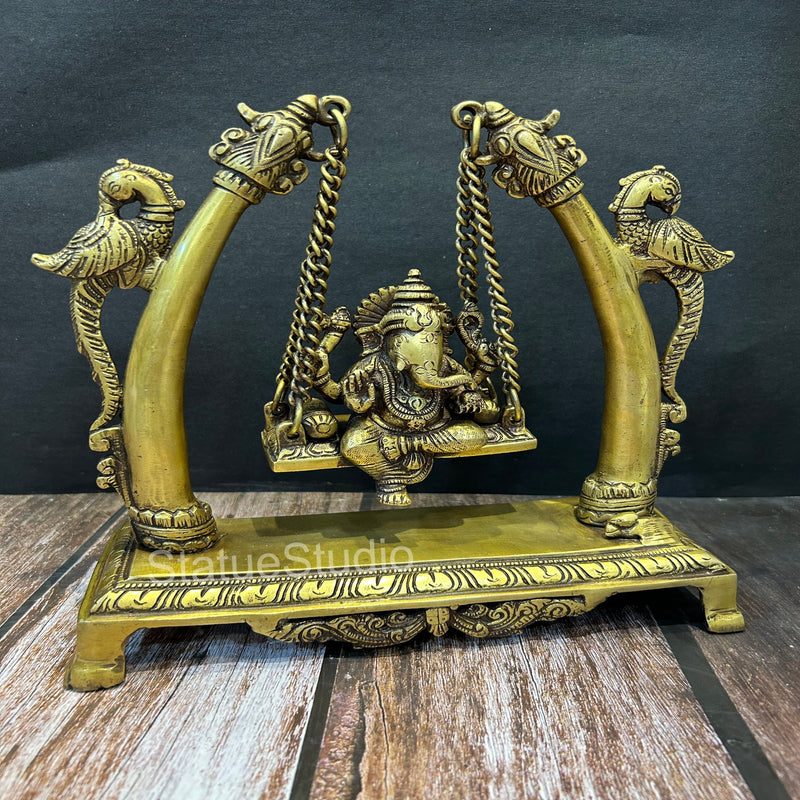 Brass Ganesha Swing Idol Antique Finish For Home Decor Showpiece 9.5"