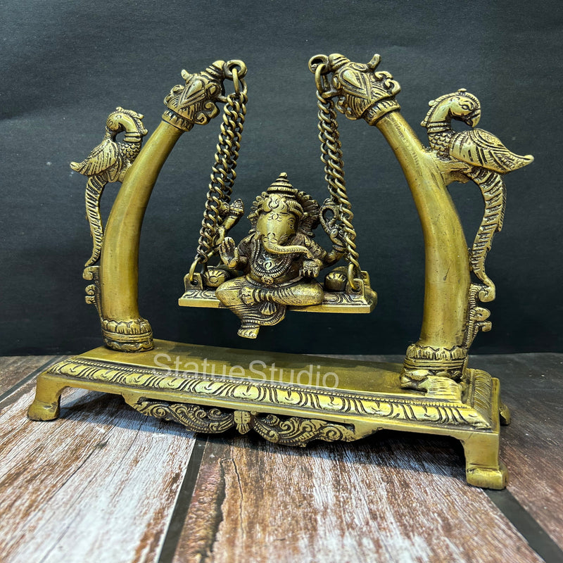 Brass Ganesha Swing Idol Antique Finish For Home Decor Showpiece 9.5"