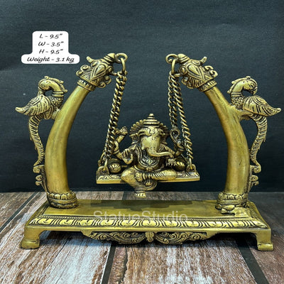 Brass Ganesha Swing Idol Antique Finish For Home Decor Showpiece 9.5"