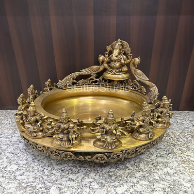 Brass Ganesha Ashtalakshmi Urli Antique Finish For Home Temple Decor Gift Showpiece 16"