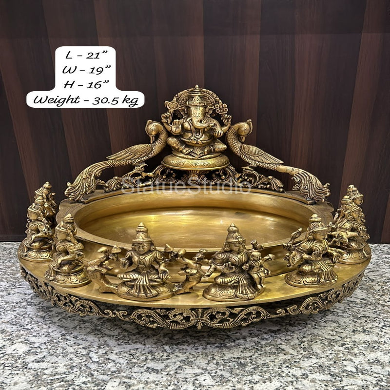 Brass Ganesha Ashtalakshmi Urli Antique Finish For Home Temple Decor Gift Showpiece 16"