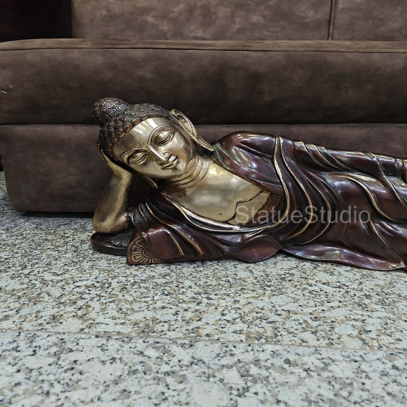 Brass Sleeping Buddha Statue Antique Finish For Home Decor 2.5 Feet