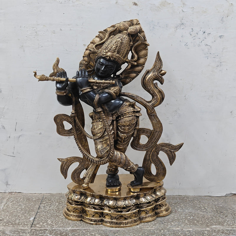 Brass Large Krishna Idol Antique Black Finish for Home Decor 3 Feet