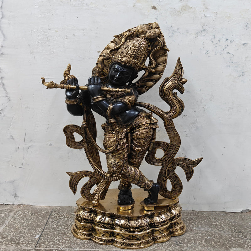 Brass Large Krishna Idol Antique Black Finish for Home Decor 3 Feet