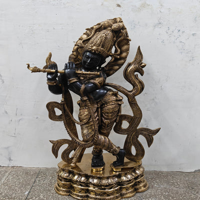 Brass Large Krishna Idol Antique Black Finish for Home Decor 3 Feet