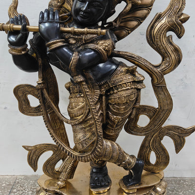 Brass Large Krishna Idol Antique Black Finish for Home Decor 3 Feet