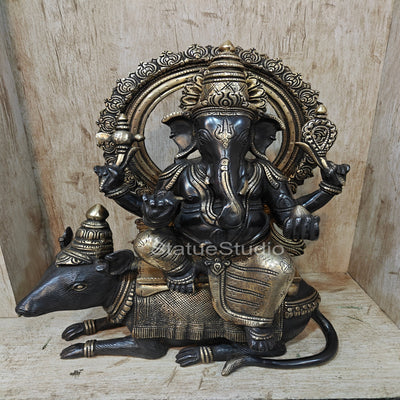 Brass Ganesha Statue Seated On Rat Antique Finish For Home  Showpiece 1.5 Feet