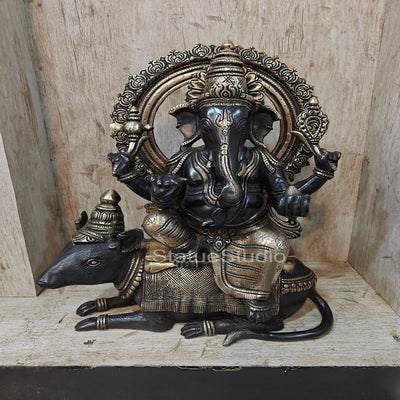 Brass Ganesha Statue Seated On Rat Antique Finish For Home  Showpiece 1.5 Feet