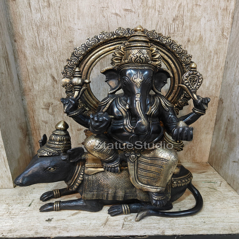 Brass Ganesha Statue Seated On Rat Antique Finish For Home  Showpiece 1.5 Feet