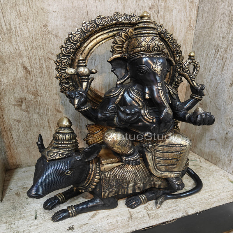 Brass Ganesha Statue Seated On Rat Antique Finish For Home  Showpiece 1.5 Feet