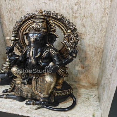 Brass Ganesha Statue Seated On Rat Antique Finish For Home  Showpiece 1.5 Feet